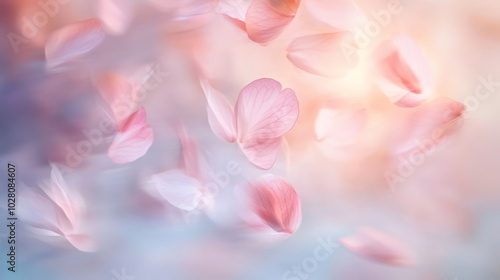 Delicate pink petals floating in soft pastel light for tranquil nature-themed design