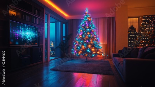 Tech-enhanced Christmas tree glowing with synchronized lights and sound, vibrant RGB colors, smart home setting, holographic effects, Cyberpunk, Digital Art