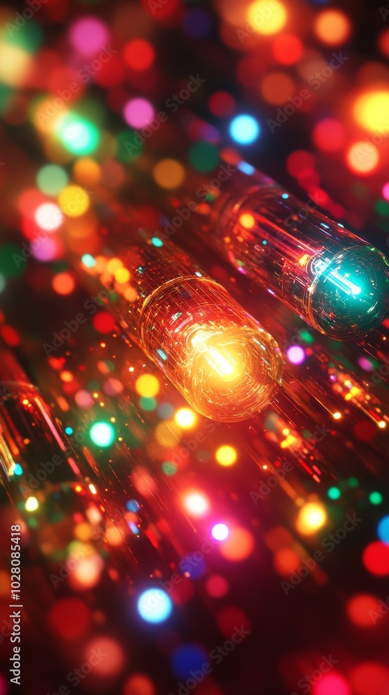 Futuristic close-up of red, green, yellow, and blue Christmas lights, each bulb glowing with vibrant, high-tech illumination, creating a bright, festive glow Futuristic close-up of red, green, yellow, and blue Christmas lights, each bulb glowing with vibrant, high-tech illumination, creating a bright, festive glow