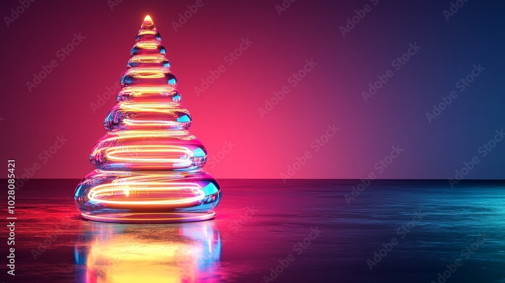 A glass Christmas tree glowing with neon LED lights, casting vibrant reflections on sleek surfaces, futuristic holiday scene, 3D rendering, high-contrast, neon colors A glass Christmas tree glowing with neon LED lights, casting vibrant reflections on sleek surfaces, futuristic holiday scene, 3D rendering, high-contrast, neon colors