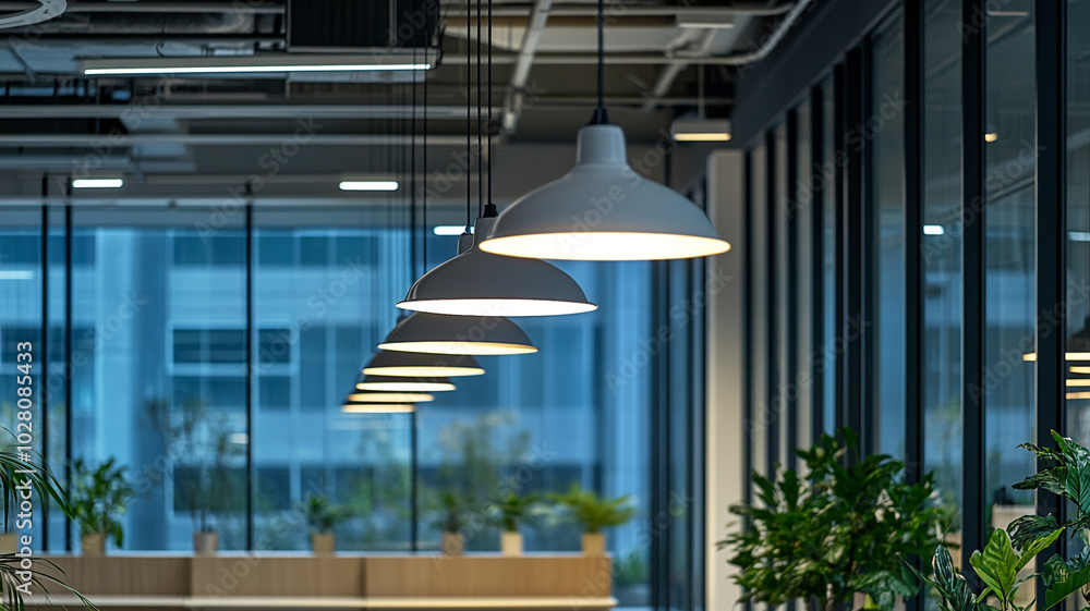 Fototapeta premium Modern office interior with sleek lighting fixtures and greenery in an urban workspace setting