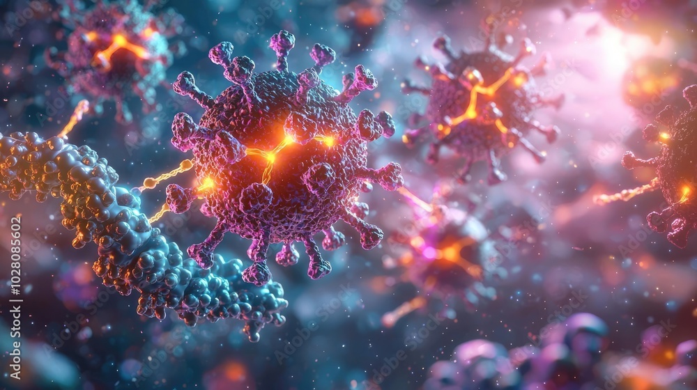 Colorful virus particles in a digital microscopic view, isolated on a dark background. Colorful virus particles in a digital microscopic view, isolated on a dark background.