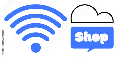 wireless signal symbol on left and cloud with shop chat icon on right. Ideal for e-commerce, technology, communication, virtual stores, internet services. Simple, modern, flat style