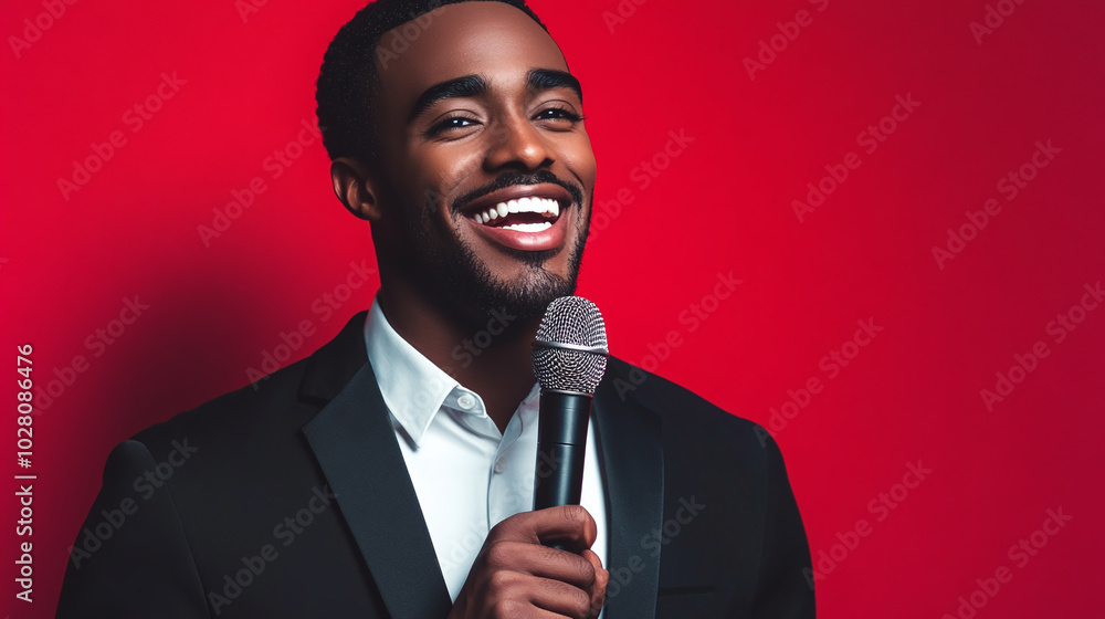 A confident public speaker with a microphone, set against a bright red backdrop A confident public speaker with a microphone, set against a bright red backdrop