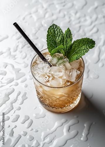 Photo of a sweet and sour rocks glass with an iced Beijing gold cocktail, garnished with mint leaves, placed on a white textured surfac photo