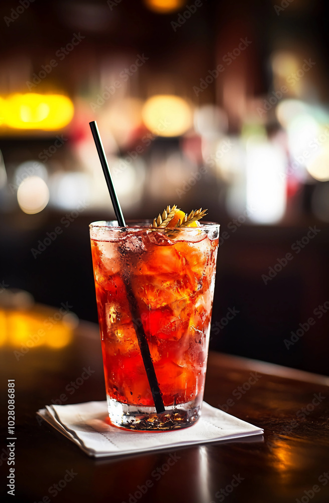 A high-resolution photo of an Aperol-based cocktail with ice and lemon, on the bar counter of an old Italian restaurant. A high-resolution photo of an Aperol-based cocktail with ice and lemon, on the bar counter of an old Italian restaurant.