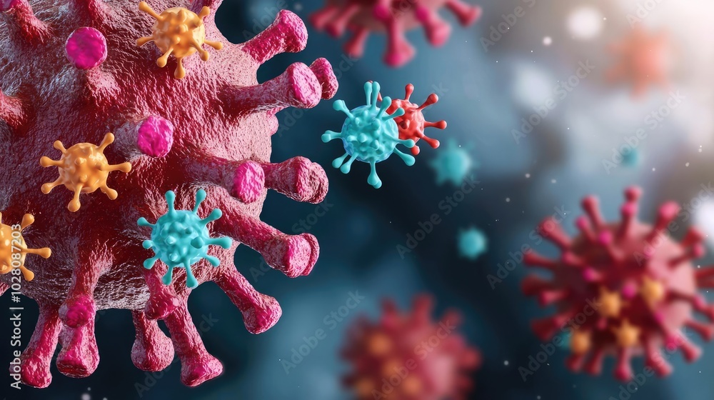 Fototapeta premium Colorful virus particles on a blue background, showcasing intricate details.