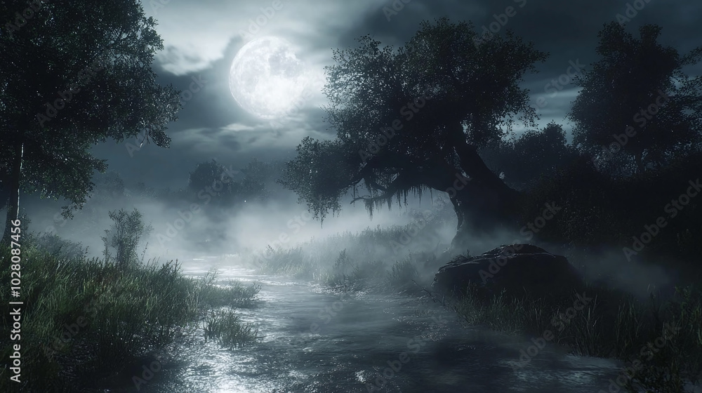 A haunted landscape where ghostly monsters roam, illuminated by a full moon and swirling mist A haunted landscape where ghostly monsters roam, illuminated by a full moon and swirling mist