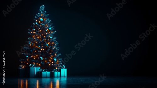 Christmas tree with digital ornaments that emit a pulsating glow, holographic presents underneath, glowing smart lighting, Modern, Sci-Fi, Blue Neon photo