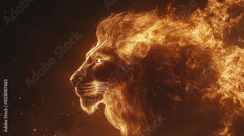 A lion’s silhouette made of flames, symbolizing power, courage, and leadership photo