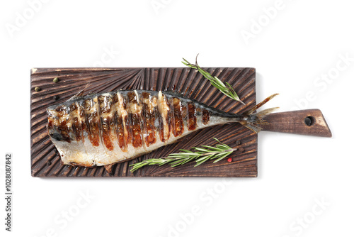 Board with delicious grilled mackerel, peppercorns and rosemary isolated on white, top view