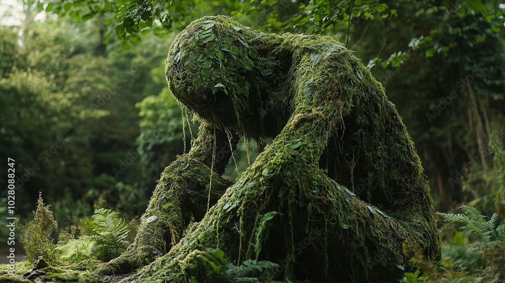 A monstrous figure covered in vines and moss, blending seamlessly into its natural surroundings A monstrous figure covered in vines and moss, blending seamlessly into its natural surroundings
