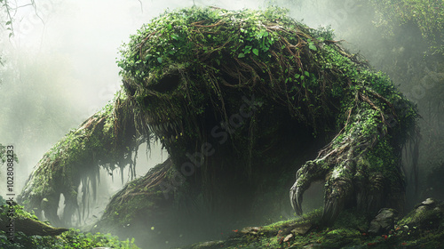 A monstrous figure covered in vines and moss, blending seamlessly into its natural surroundings photo