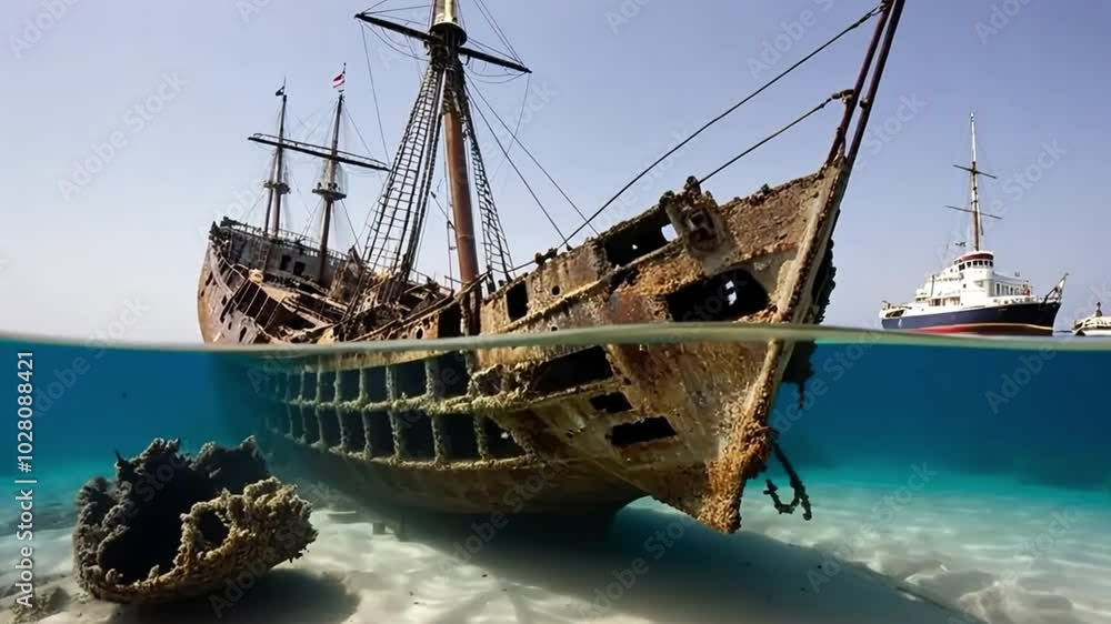 A shipwreck on the sea floor. The ship is partially submerged in the water, with the hull exposed and the masts broken. The water is clear. The background reveals a calm sea with a few boats. A shipwreck on the sea floor. The ship is partially submerged in the water, with the hull exposed and the masts broken. The water is clear. The background reveals a calm sea with a few boats.