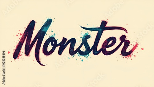 Generate a colorful exotic logo-style illustration of a signature of the word "Monster" on a neutral-background