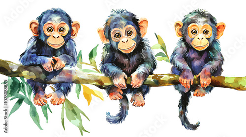 Monkeys animals set realistic watercolor painting Jungle wild animal Isolated on background photo