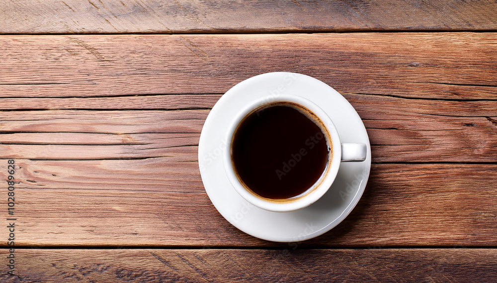 Cup of coffee on a wood table background. Top view with copy space Cup of coffee on a wood table background. Top view with copy space
