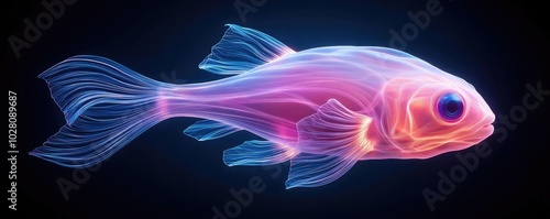 Colorful glowing fish, modern art style, isolated on a dark background.