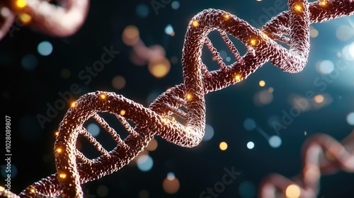 Close-up view of a DNA double helix structure with glowing elements and dark background.