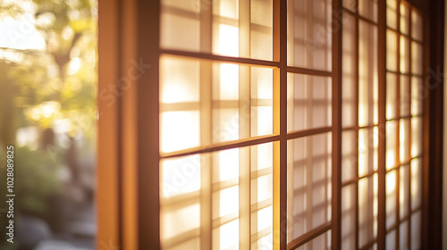 A traditional Japanese shoji wall with delicate paper screens, allowing soft light to filter into a tranquil tea room