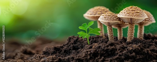 Mushrooms and a small green plant growing in rich soil. photo