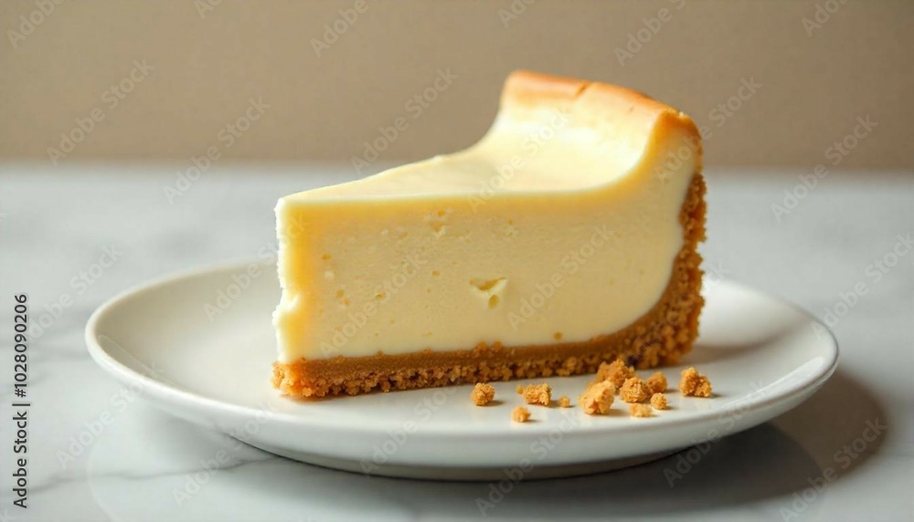 A smooth and creamy slice of classic cheesecake on a plain white plate, with a golden-brown graham cracker crust and delicate crumbs scattered beside it, set against a neutral background. A smooth and creamy slice of classic cheesecake on a plain white plate, with a golden-brown graham cracker crust and delicate crumbs scattered beside it, set against a neutral background.