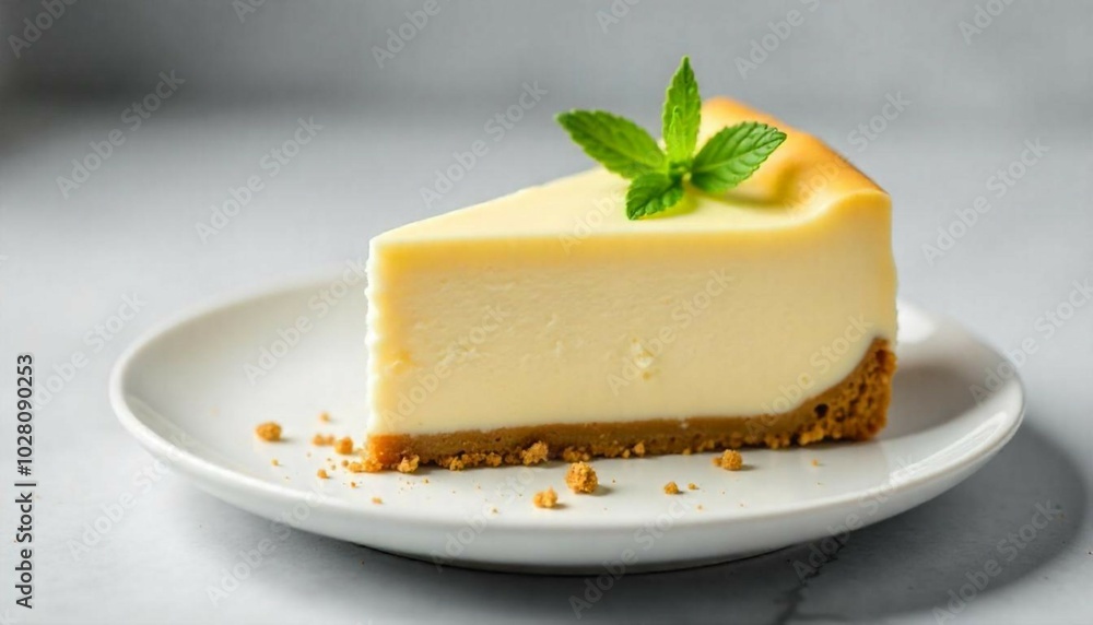 A smooth and creamy slice of classic cheesecake on a plain white plate, with a golden-brown graham cracker crust and delicate crumbs scattered beside it, set against a neutral background. A smooth and creamy slice of classic cheesecake on a plain white plate, with a golden-brown graham cracker crust and delicate crumbs scattered beside it, set against a neutral background.