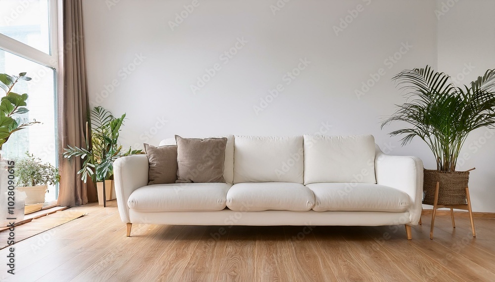 White sofa on wooden parquet. Minimalist, scandinavian home interior design of modern living room. White sofa on wooden parquet. Minimalist, scandinavian home interior design of modern living room.