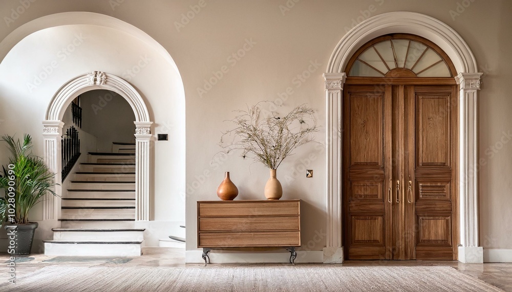 Wooden cabinet near venetian stucco wall with arched doorway Mediterranean interior design of modern entrance hall with staircase. Wooden cabinet near venetian stucco wall with arched doorway Mediterranean interior design of modern entrance hall with staircase.
