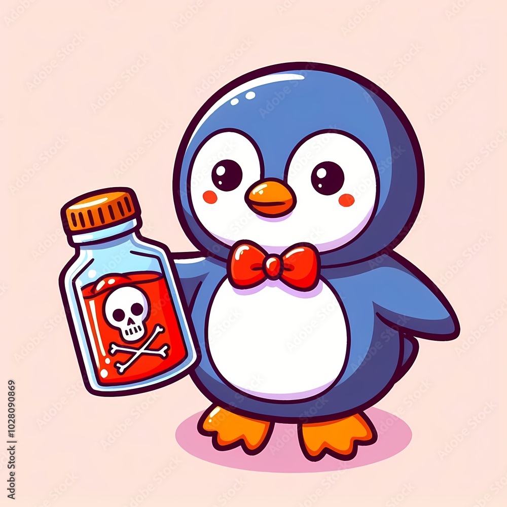 Obraz premium Cute Penguin Holding Poison Cartoon Vector Icon Illustration
