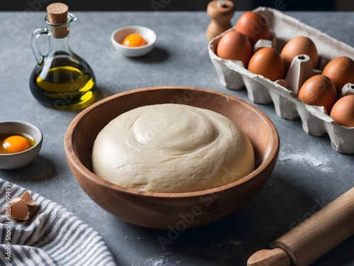 Raw dough, rolling pin and ingredients on grey table. Ai Generative.