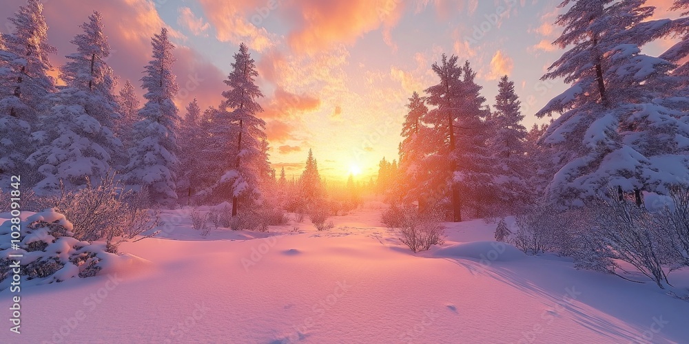 Evening tranquility in a snow-covered winter forest, perfect for holiday-themed decor and nature enthusiasts Evening tranquility in a snow-covered winter forest, perfect for holiday-themed decor and nature enthusiasts
