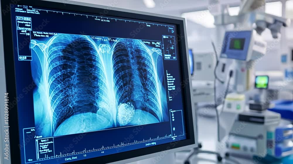 Close-up of a medical monitor showing a chest x-ray image. Close-up of a medical monitor showing a chest x-ray image.