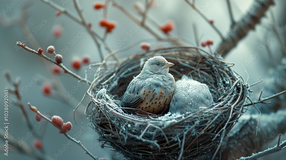 Two Birds Huddled in a Snowy Nest Two Birds Huddled in a Snowy Nest