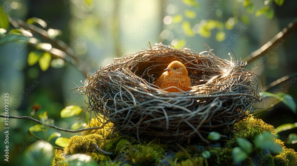 A Tiny Bird Resting in a Nest in the Forest A Tiny Bird Resting in a Nest in the Forest