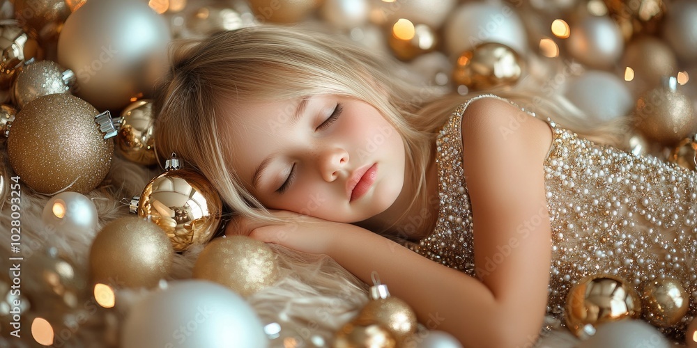 Beautiful young girl in a shiny dress resting among golden and white Christmas ornaments, studio portrait under soft lighting Beautiful young girl in a shiny dress resting among golden and white Christmas ornaments, studio portrait under soft lighting
