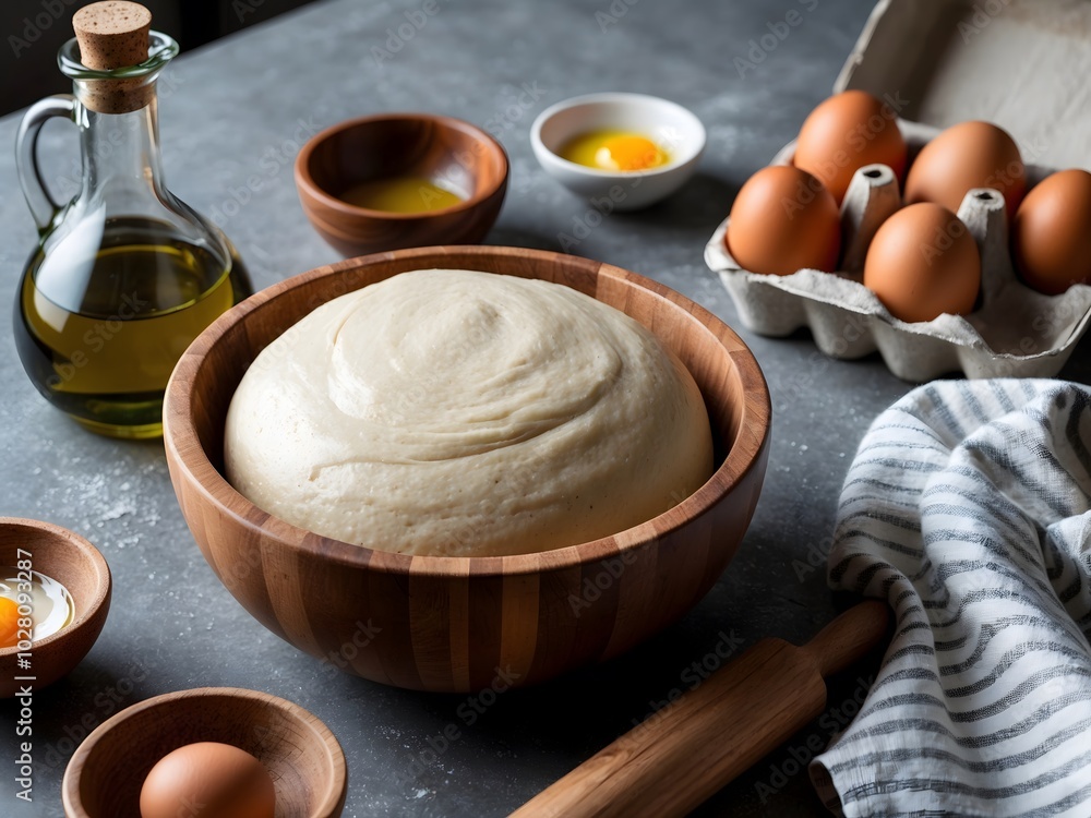Raw dough, rolling pin and ingredients on grey table. Ai Generative. Raw dough, rolling pin and ingredients on grey table. Ai Generative.