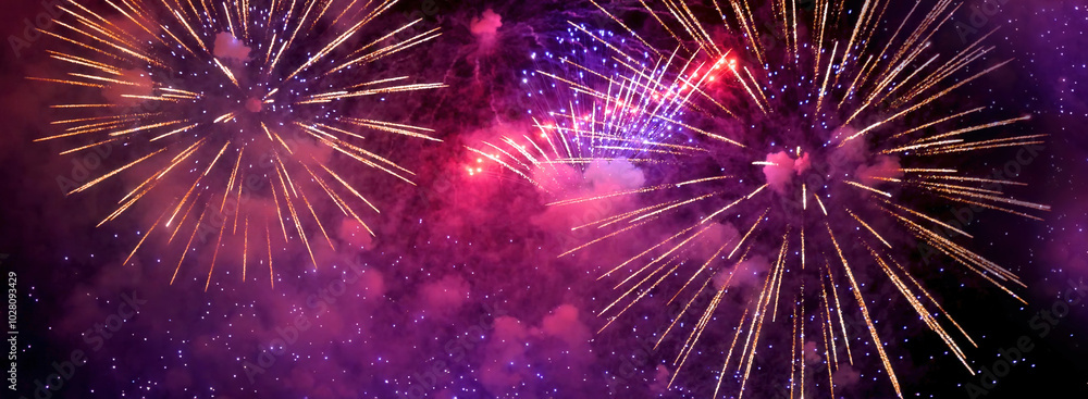 Fototapeta premium Banner Purple Firework celebrate anniversary happy new year 2024, 4th of july holiday festival. Banner Purple firework night time National holiday. Violet firework New year 2025 festival copy space