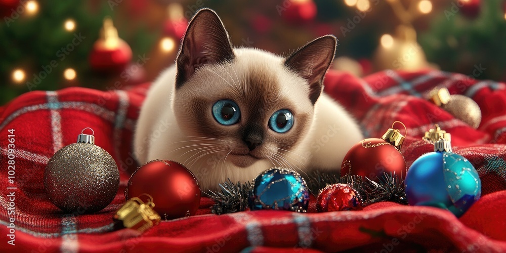 Siamese Thai cat joyfully playing on a festive red plaid blanket surrounded by Christmas toys and ornaments. Siamese Thai cat joyfully playing on a festive red plaid blanket surrounded by Christmas toys and ornaments.