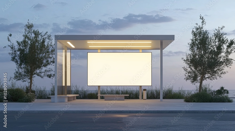 A modern bus stop with a blank billboard, located by a beach with two trees on either side. A modern bus stop with a blank billboard, located by a beach with two trees on either side.