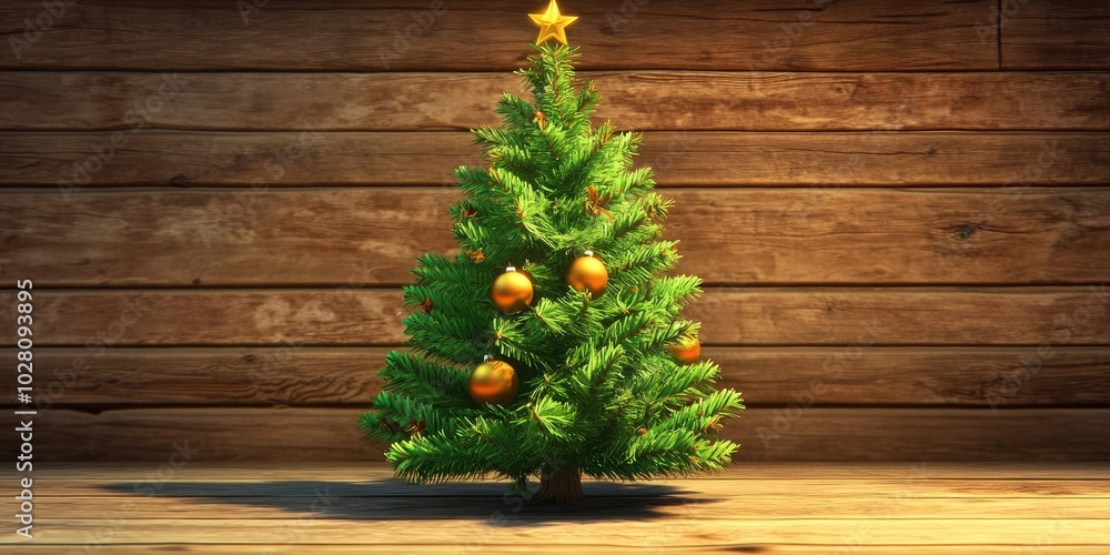 Decorated green fir tree with golden ornaments on a rustic wooden background, festive decoration, holiday vibe Decorated green fir tree with golden ornaments on a rustic wooden background, festive decoration, holiday vibe