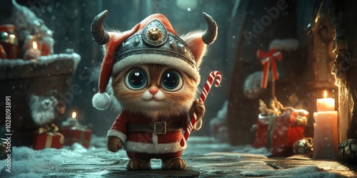 Beige big-eyed cat dressed as Santa Claus wearing a horned Viking helmet while holding a Christmas candy cane, whimsical holiday decor
