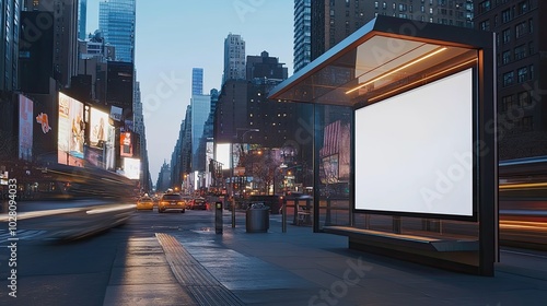 A blank billboard on a city street with a blurred background of city lights and traffic.