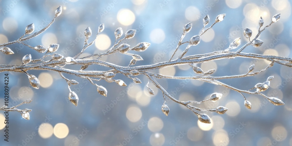 Fototapeta premium Silver glitter branch banner adorned with sparkling garland, perfect for festive winter decor