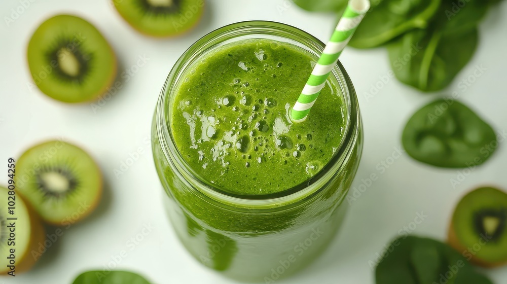 Refreshing green smoothie with kiwi and spinach in a mason jar Refreshing green smoothie with kiwi and spinach in a mason jar