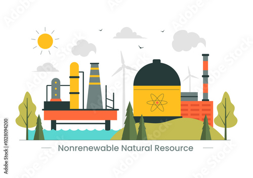 Nonrenewable Natural Energy Resources Vector Illustration Featuring Nuclear, Petroleum, Oil, Natural Gas, and Coal Fuels in a Flat Style Background