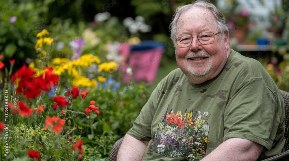 Smiling middle aged man wearing a military green T-shirt in cottage garden. Army veteran portrait Smiling middle aged man wearing a military green T-shirt in cottage garden. Army veteran portrait