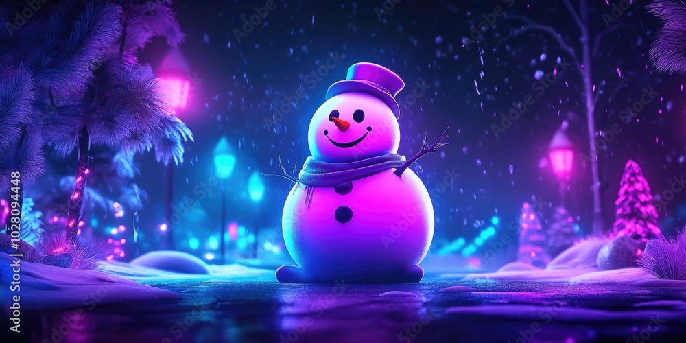 Charming snowman surrounded by enchanting Japanese winter illuminations, festive seasonal decoration Charming snowman surrounded by enchanting Japanese winter illuminations, festive seasonal decoration
