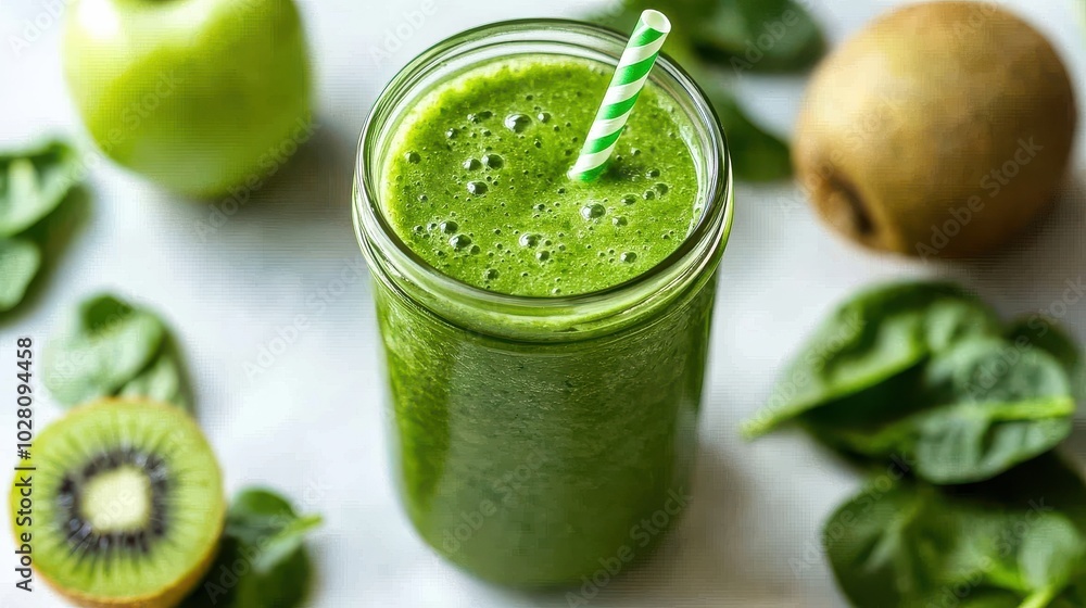 Healthy green smoothie with fresh spinach, kiwi, apple, and kiwi garnish Healthy green smoothie with fresh spinach, kiwi, apple, and kiwi garnish