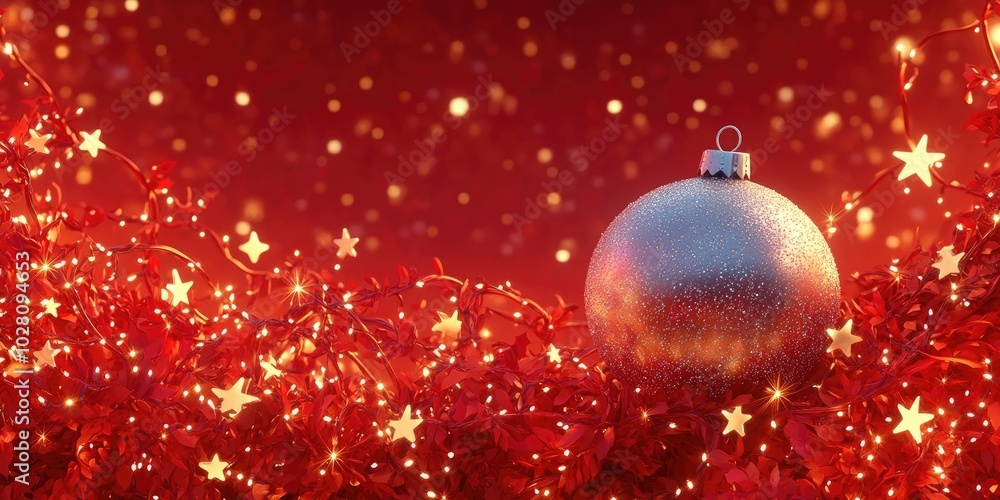 Shimmering silver Christmas ornament nestled in a vibrant red garland adorned with twinkling stars, festive decor Shimmering silver Christmas ornament nestled in a vibrant red garland adorned with twinkling stars, festive decor